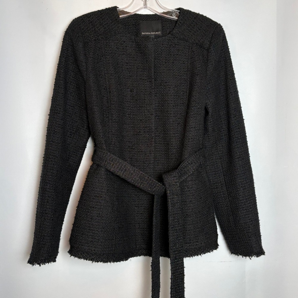 Banana Republic Womens Black Tweed Belted Lady Jacket 4 Metallic‎ Frayed Trim